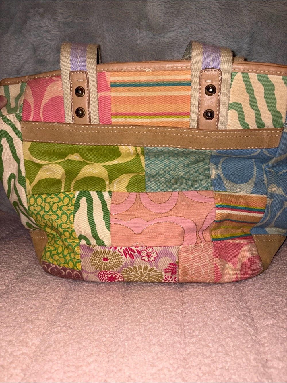 Coach Multicolor Patchwork Tote - Pink, Green, Blue, Tan - Picture 3 of 5
